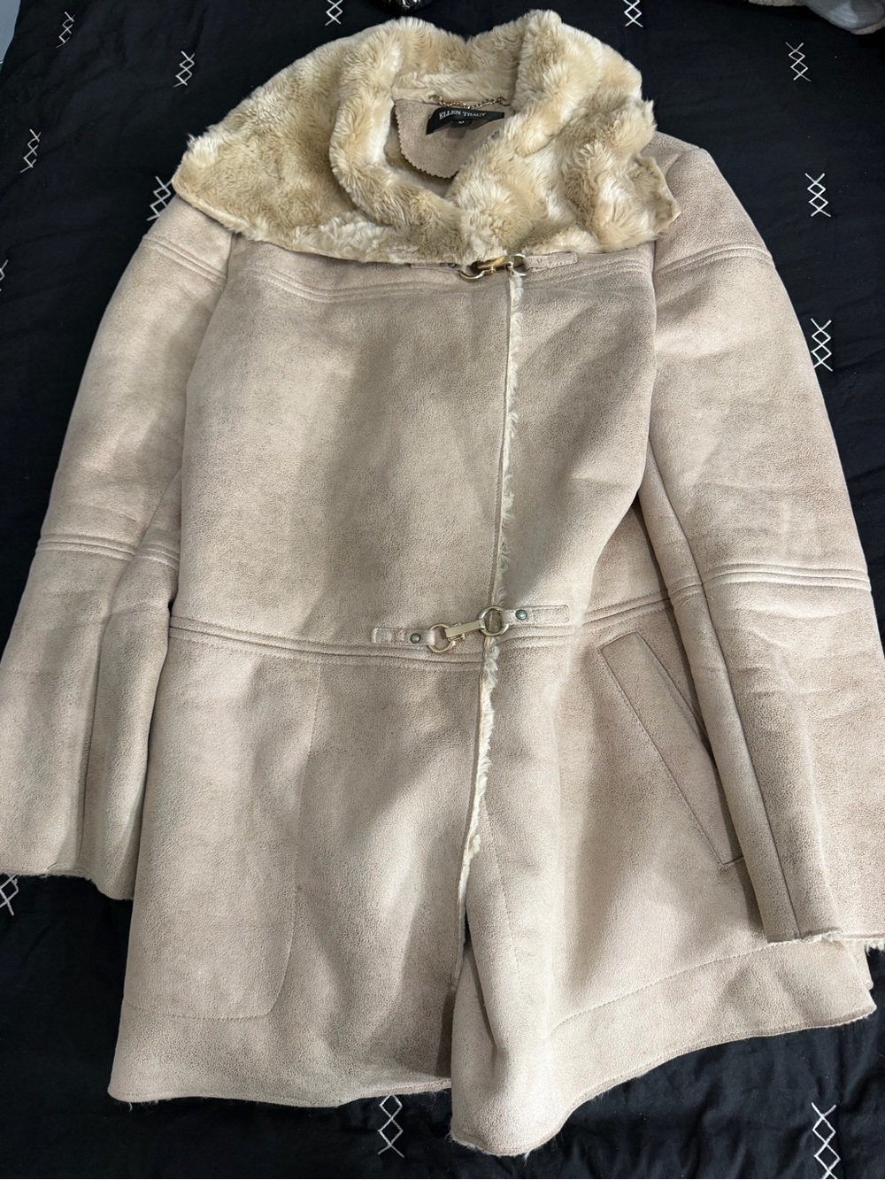 Ellen Tracy Cream Faux-Shearling Toggle Trench Coat